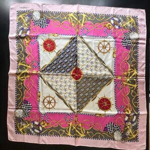 LANCEL Nautical Square Silk Scarf Pink Rope Anchor Clock 34.3in